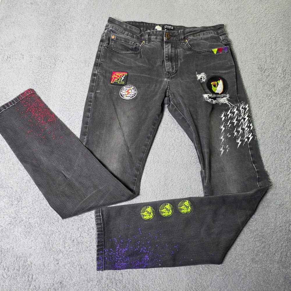 Staple Mens 30 Pigeon Denim Jeans Black Paint Splatter Graphic Patch Slim Fit